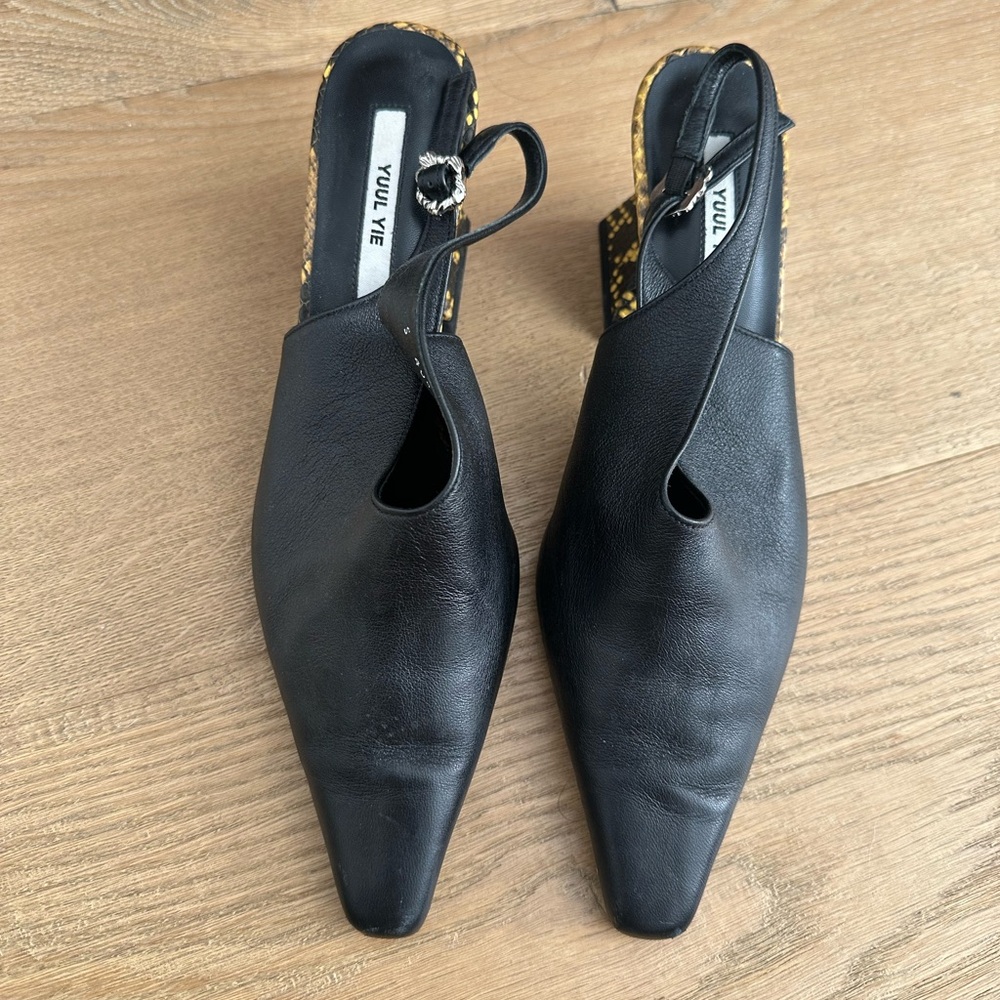 Black & Yellow Slingback pumps w sculptural block heel & mirror ball accent.US9 - Picture 15 of 16